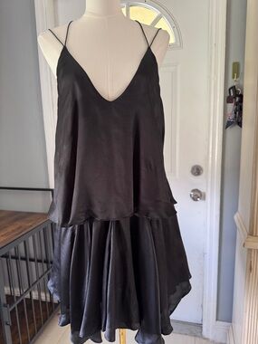 Private Label Black Satin Spaghetti-Strap Tiered Dress